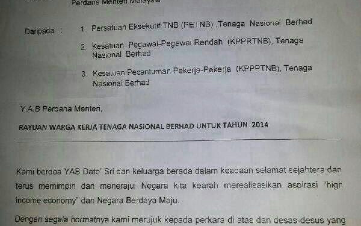 SURAT TNB KEPADA PERDANA MENTERI TERSEBAR!!